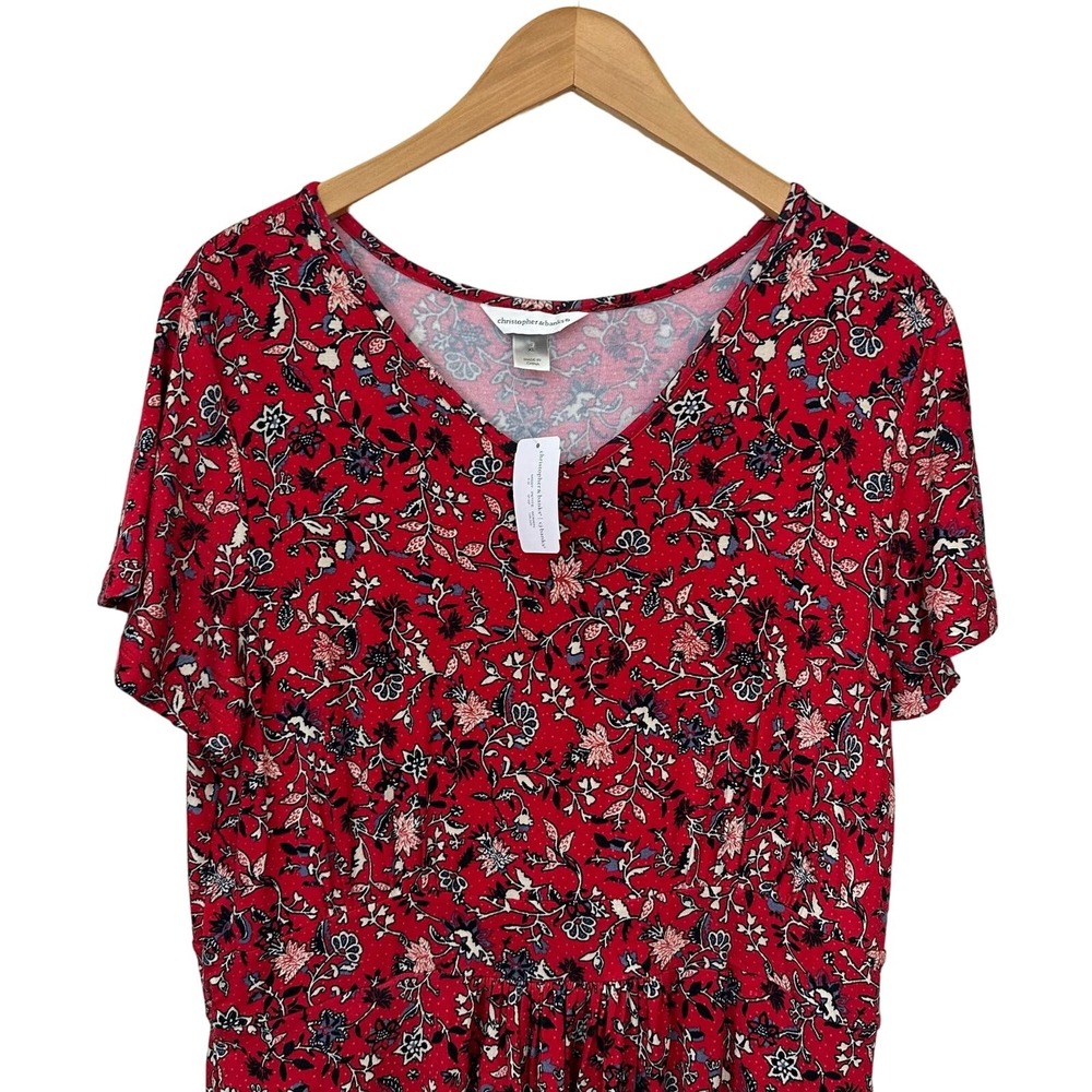 Christopher‎ & Banks Womens XL Dress V Neck Red Floral Stretch Cottage Rayon - Picture 5 of 11